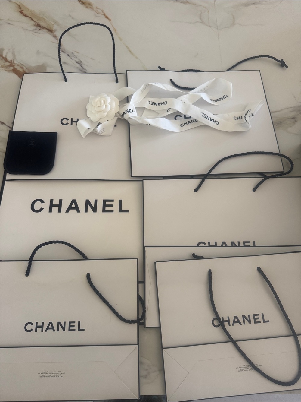 CHANEL White Shopping Bags with Black Logo and Handles